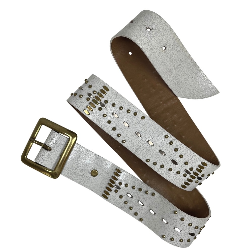 Vintage Calleen Cordero Studded Crackle Leather Belt 32 White Brass Handmade